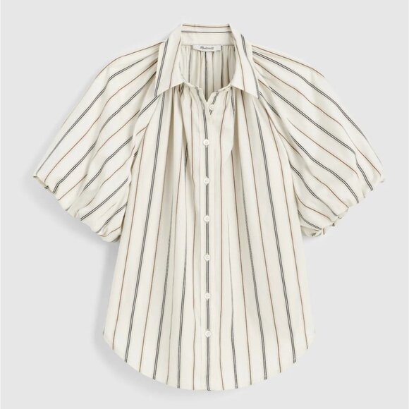 NWT Madewell Sz M Shirred Bubble-Sleeve Button-Up Shirt Poplin Coffee Tan Stripe - Picture 12 of 12